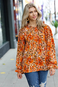 All The Joy Burnt Orange Watercolor Floral Frill Neck Top S-3X