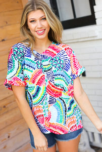 Sunny Days Teal & Orange Tropical Abstract V Neck Top S-3X