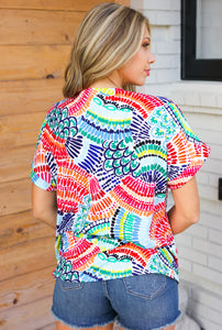 Sunny Days Teal & Orange Tropical Abstract V Neck Top S-3X