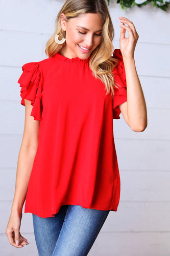 Red Mock Neck Double Flutter Sleeve Woven Top S-3X