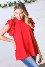 Load image into Gallery viewer, Red Mock Neck Double Flutter Sleeve Woven Top S-3X