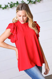Red Mock Neck Double Flutter Sleeve Woven Top S-3X