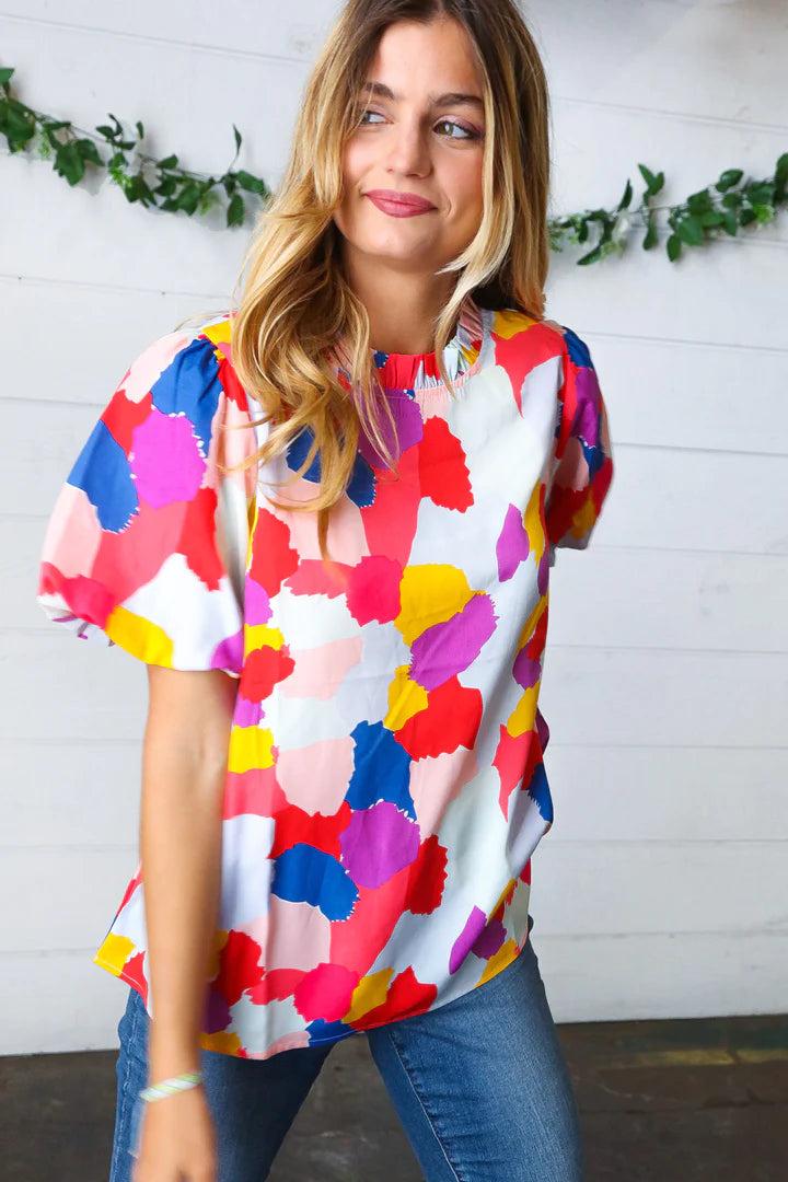 Multicolor Print Frilled Mock Neck Puff Sleeve Top s-3x