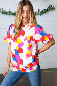 Multicolor Print Frilled Mock Neck Puff Sleeve Top s-3x
