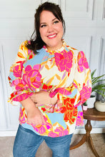 Load image into Gallery viewer, Let&#39;s Meet Later Fuchsia &amp; Blue Floral Frill Neck Top S-3X