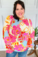 Load image into Gallery viewer, Let&#39;s Meet Later Fuchsia &amp; Blue Floral Frill Neck Top S-3X