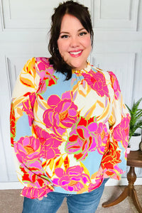 Let's Meet Later Fuchsia & Blue Floral Frill Neck Top S-3X
