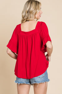 Plus Size Solid Bell Sleeve Jersey Top- Red