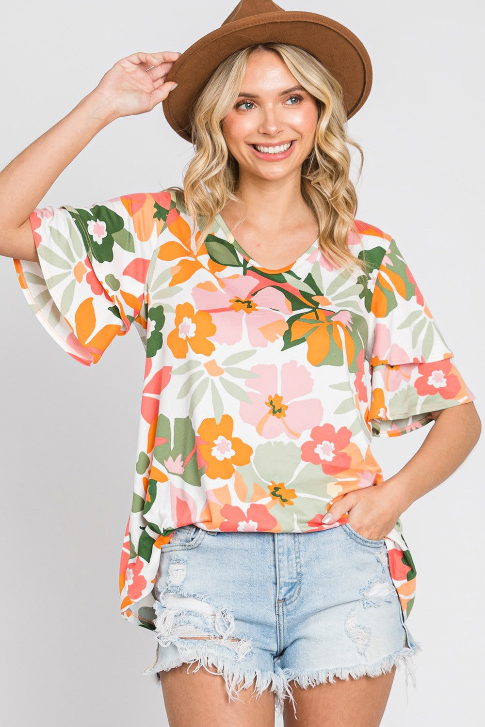 FLORAL PRINT LAYERED RUFFLE SLEEVE TOP S-XL