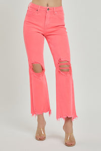 The CORA HIGH RISE KNEE DISTRESSED STRAIGHT PANTS