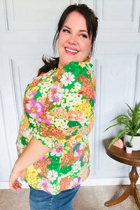 All For You Green Floral Print Frill Smocked Top S-3X