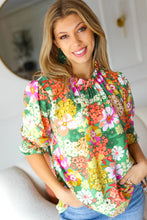 Load image into Gallery viewer, All For You Green Floral Print Frill Smocked Top S-3X
