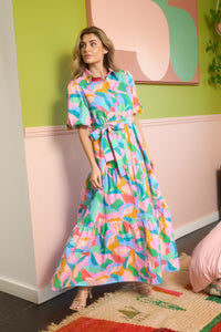 Multicolor Print Belted Maxi Dress