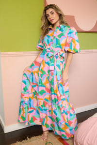 Multicolor Print Belted Maxi Dress