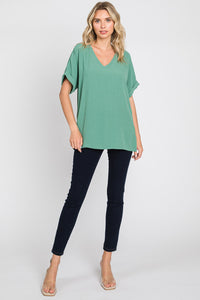 SOLID V-NECK CUFFED SLEEVE TOP S-3X