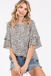 LEOPARD PRINT DOUBLE LAYER SLEEVE TUNIC S-3X