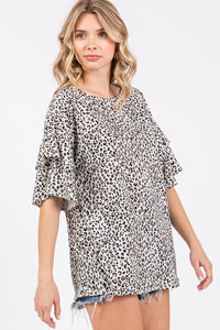 LEOPARD PRINT DOUBLE LAYER SLEEVE TUNIC S-3X