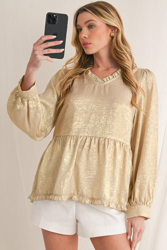 Gold Metallic Frill V Neck Puff Sleeve Babydoll Blouse