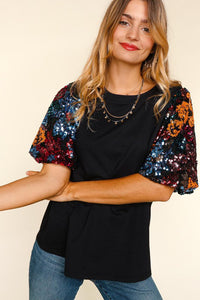 SOLID KNIT MULTI COLOR SEQUINS BUBBLE SLEEVE TOP S-3X