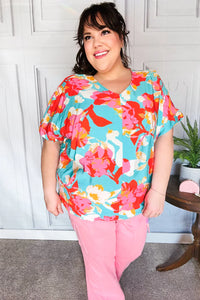 Aqua & Coral Floral V Neck Woven Top S-3X