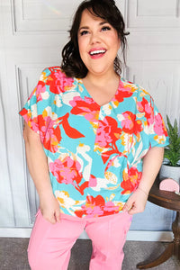 Aqua & Coral Floral V Neck Woven Top S-3X