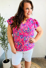 Load image into Gallery viewer, Fuchsia Boho Ikat Print Frill Notch Neck Top S-3X