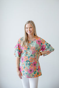 FLORAL PRINT DOUBLE LAYER SLEEVE TUNIC