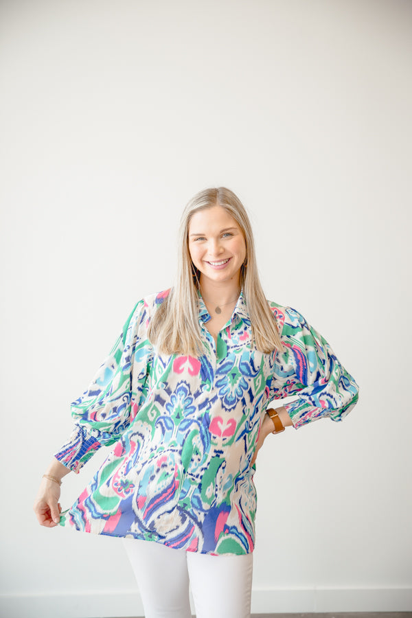 ABSTRACT PRINT RELAXED FIT 3/4 SLEEVE BLOUSE S-3X