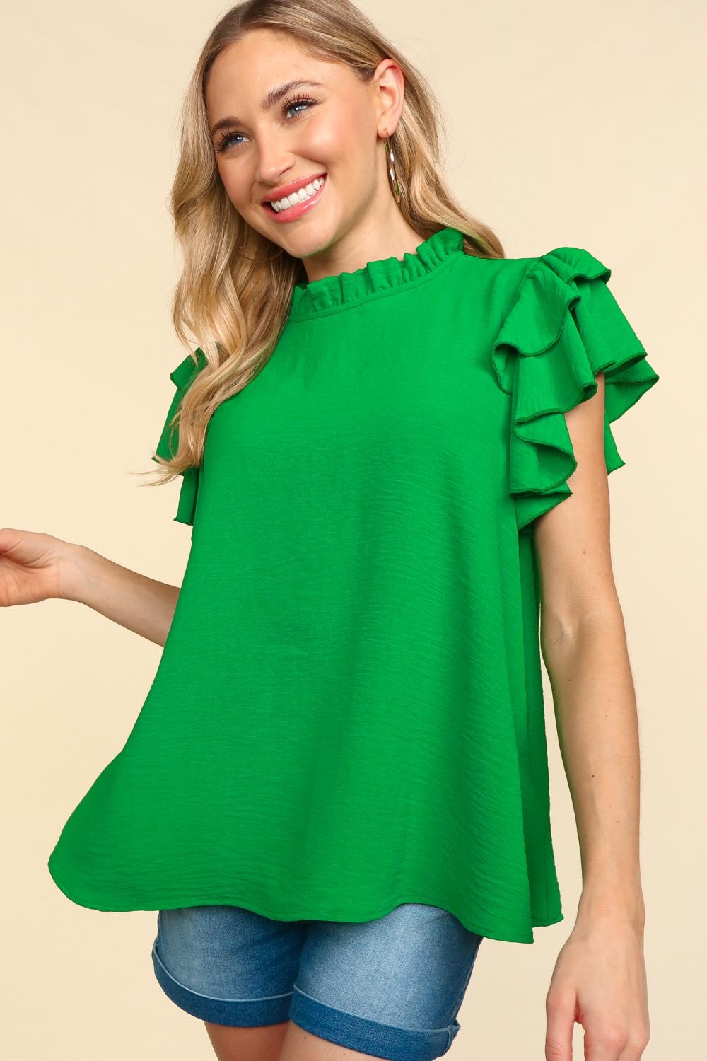 MOCK NECK RUFFLE SLEEVE SOLID WOVEN BLOUSE S-3X
