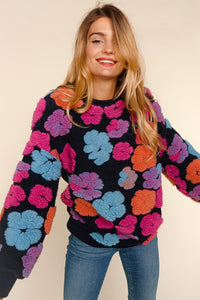 PLUS LONG SLEEVE MULTI COLOR PUFFY FLOWER SWEATER