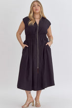 Load image into Gallery viewer, Black V-Neck Midi Dress with Front Zipper- Curvy