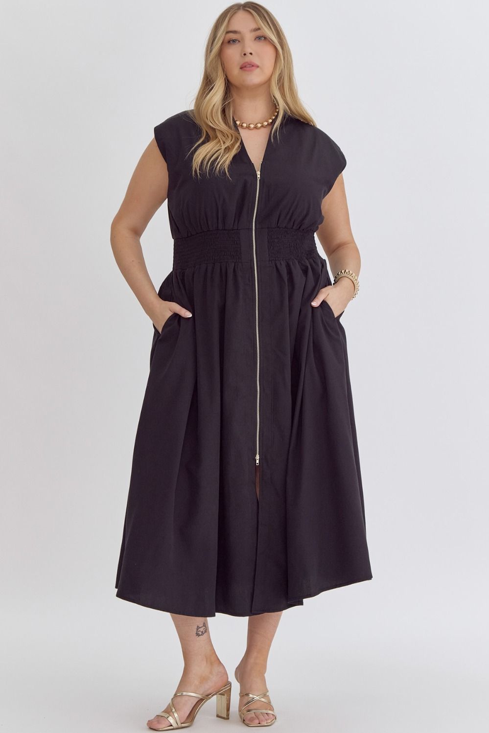 Black V-Neck Midi Dress with Front Zipper- Curvy