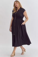 Load image into Gallery viewer, Black V-Neck Midi Dress with Front Zipper- Curvy