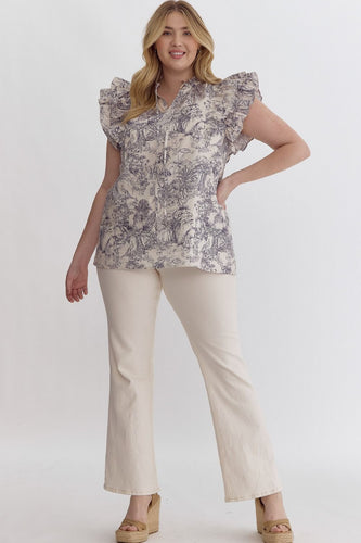 Printed Ruffle Sleeve Top- Curvy