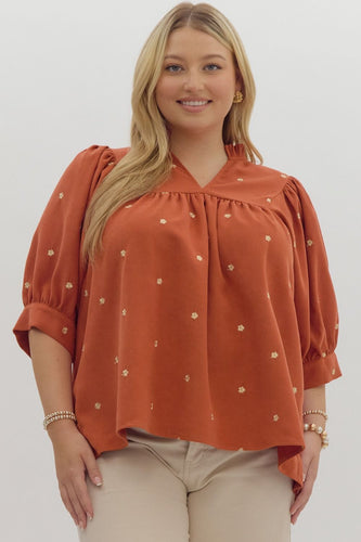 Rust Corduroy Floral Top S-3x