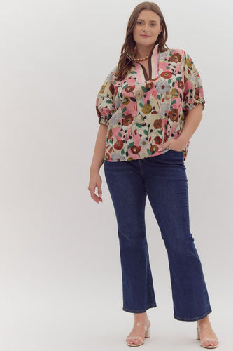 Floral Print Striped V-Neck Top S-3X