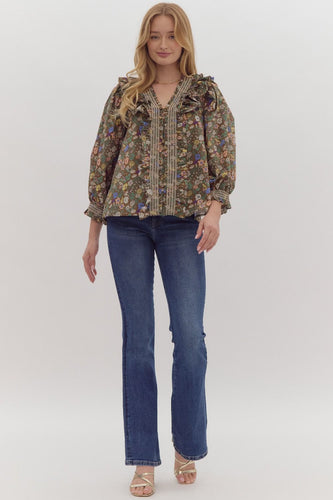 Floral Print Ruffle Sleeve Top