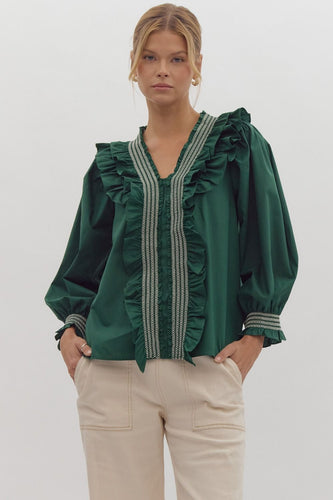 Hunter Green Ruffle Detail Top