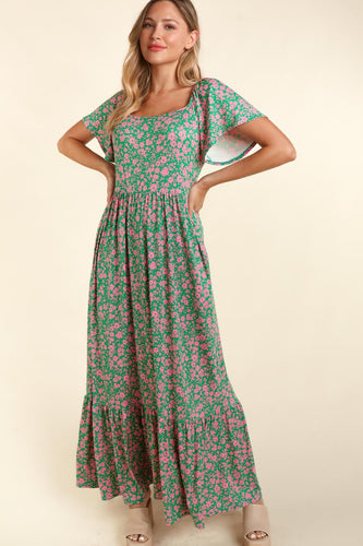 GREEN FLORAL FIT AND FLARE MAXI WITH SIDE POCKETS S-3X