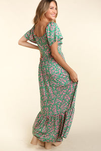 GREEN FLORAL FIT AND FLARE MAXI WITH SIDE POCKETS S-3X