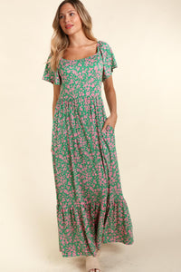 GREEN FLORAL FIT AND FLARE MAXI WITH SIDE POCKETS S-3X