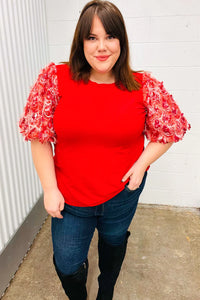 Come To Me Red Sequin Puff Short Sleeve Top S-3X