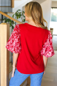 Come To Me Red Sequin Puff Short Sleeve Top S-3X