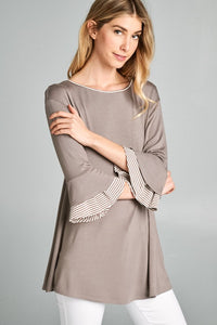 Solid Jersey Tunic Top with Striped Bell Sleeve S-3X *5 COLOR OPTIONS AVAILABLE*