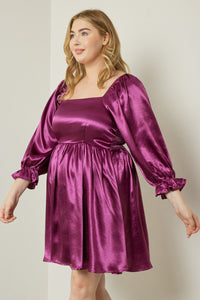 Curvy Solid Silk Puff Sleeve Dress