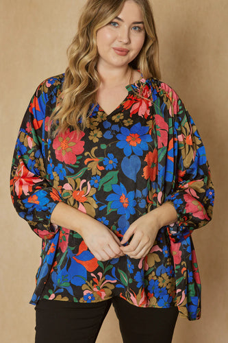 Silk Floral Top in Black